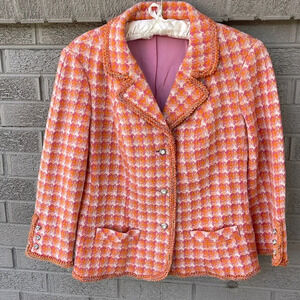 Vintage Pink and Orange Blazer with Bracelet Sleeves and Rhinestone Buttons- L